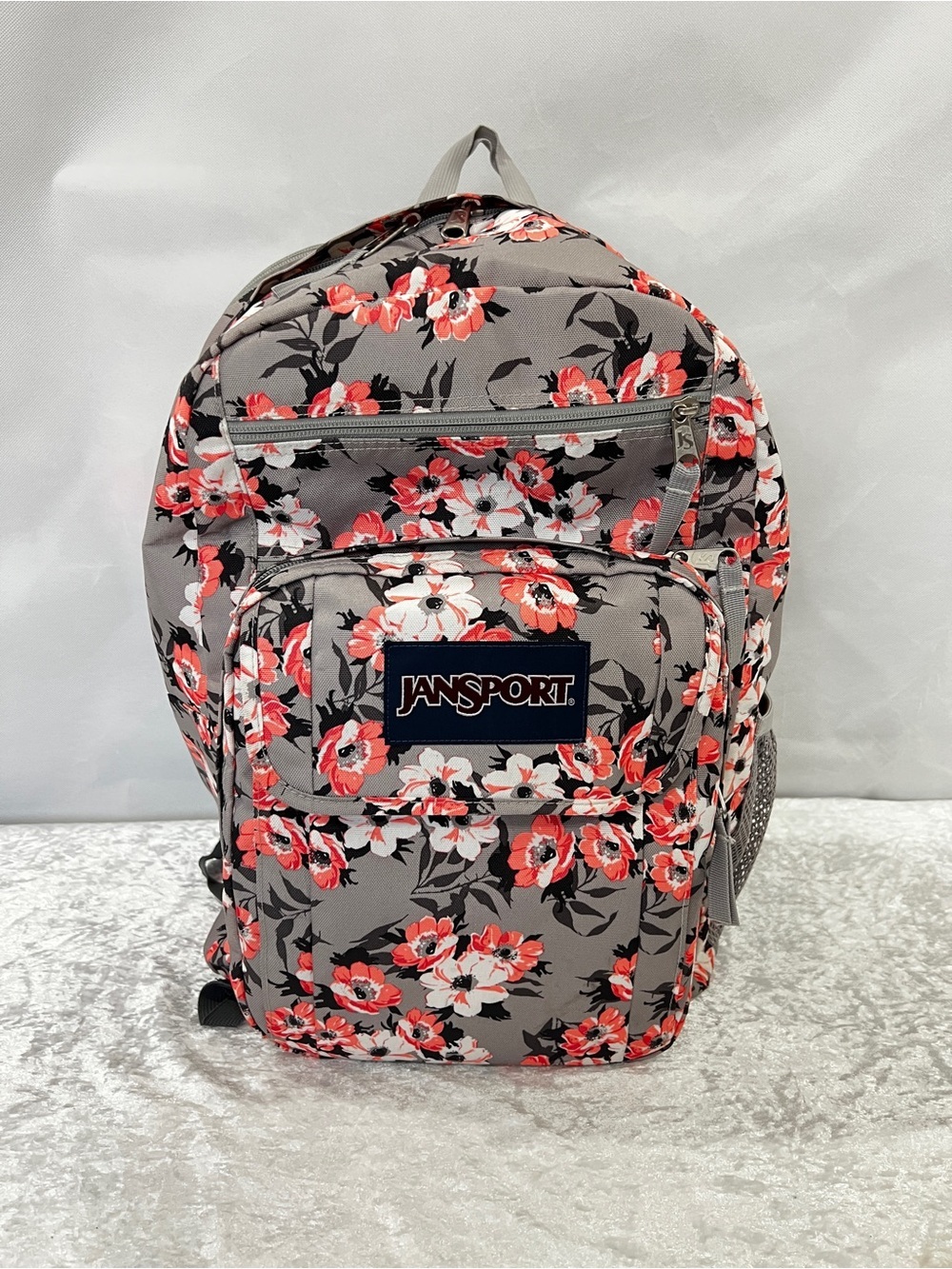 JanSport Large Student Backpack Gray Coral Floral Fit 15" Laptop Multiple Pocket